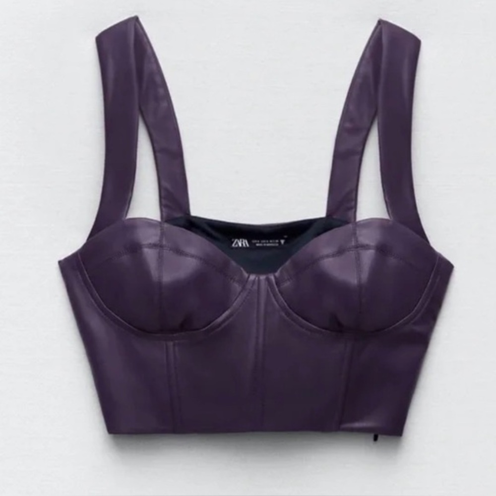 Zara vegan leather bustier crop top, purple, side zip XS
